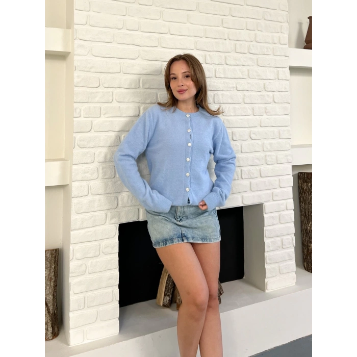 Düğme Detaylı Yumoş Hırka Mavi