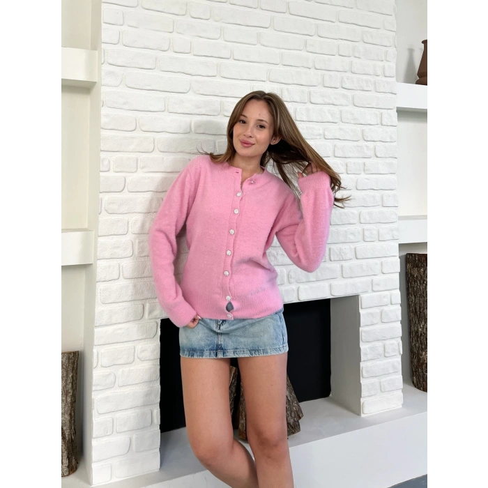 Düğme Detaylı Yumoş Hırka Pembe