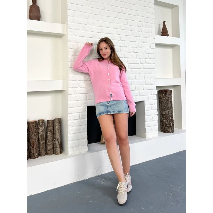 Düğme Detaylı Yumoş Hırka Pembe