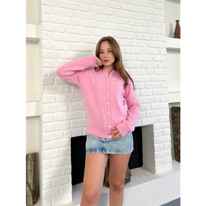 Düğme Detaylı Yumoş Hırka Pembe