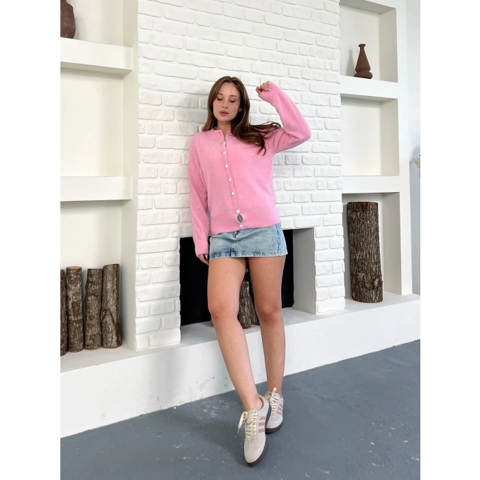 Düğme Detaylı Yumoş Hırka Pembe