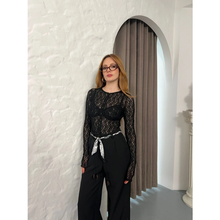 Düğmeli Transparan Bluz Siyah