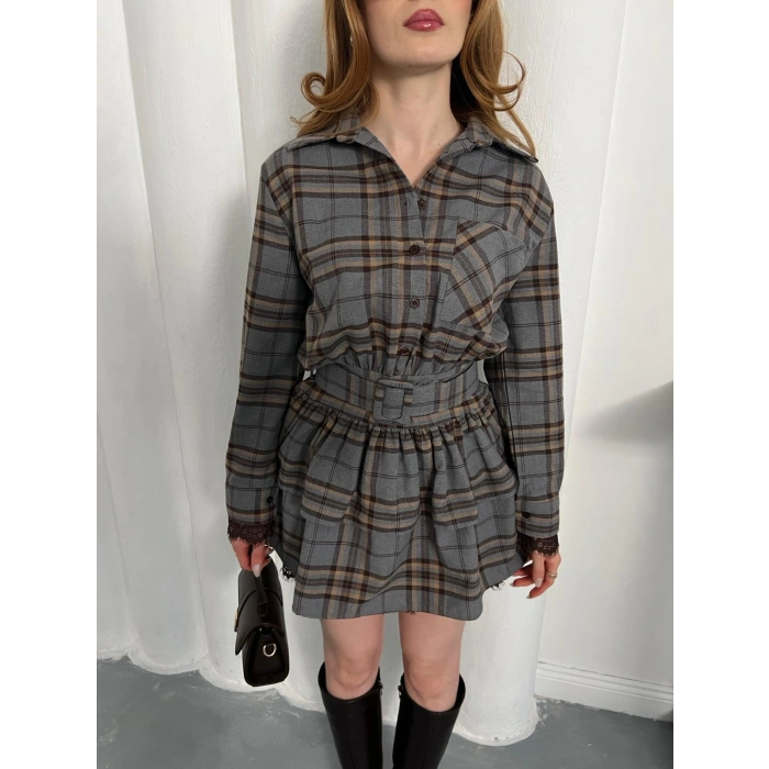 Ekose Kemer Detaylı Mini Elbise Gri