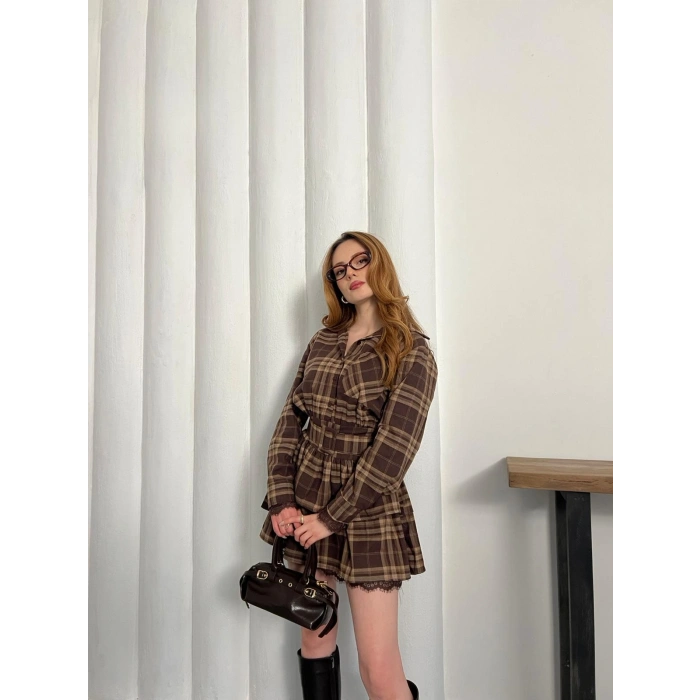 Ekose Kemer Detaylı Mini Elbise Kahve