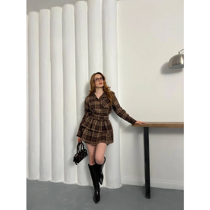 Ekose Kemer Detaylı Mini Elbise Kahve