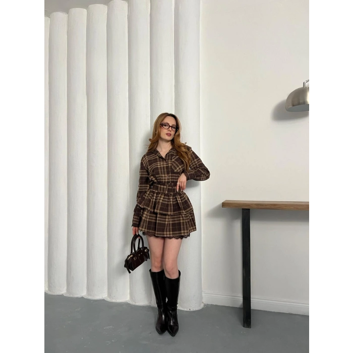 Ekose Kemer Detaylı Mini Elbise Kahve