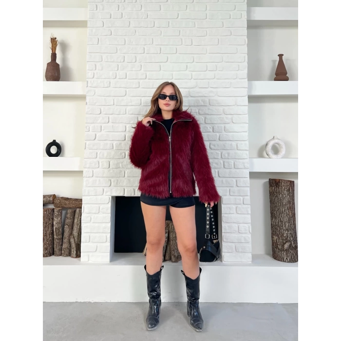 Fermuar Detaylı Velura Kürk Bordo