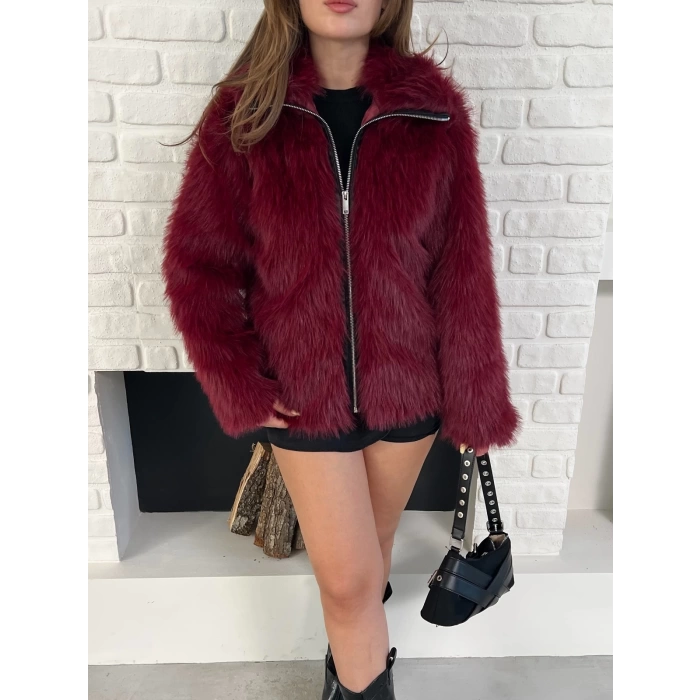 Fermuar Detaylı Velura Kürk Bordo