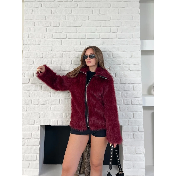 Fermuar Detaylı Velura Kürk Bordo