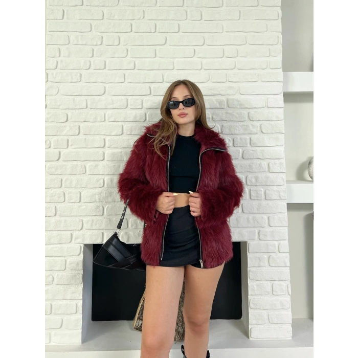 Fermuar Detaylı Velura Kürk Bordo