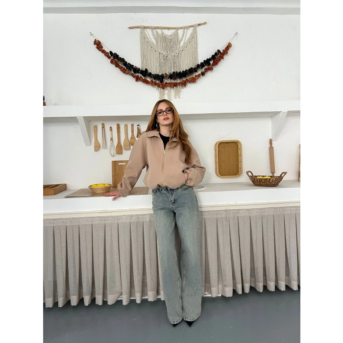 Fermuarlı Bomber Kaşe Ceket Bej