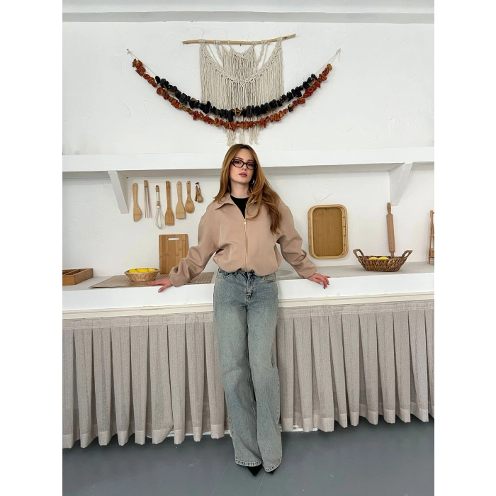 Fermuarlı Bomber Kaşe Ceket Bej