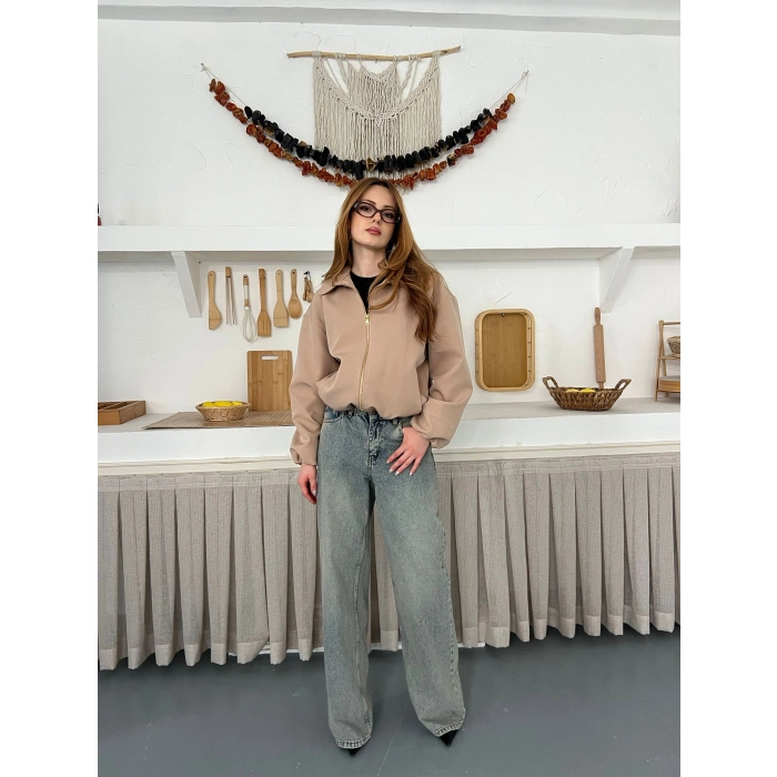 Fermuarlı Bomber Kaşe Ceket Bej