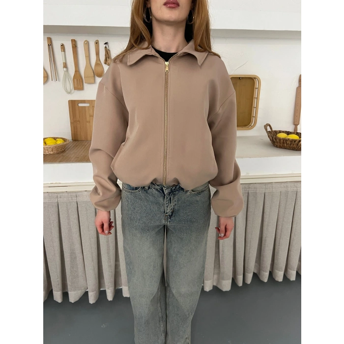 Fermuarlı Bomber Kaşe Ceket Bej