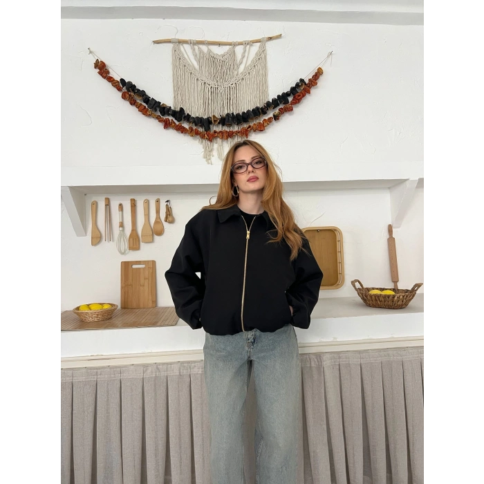 Fermuarlı Bomber Kaşe Ceket Siyah