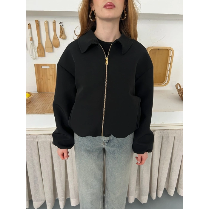 Fermuarlı Bomber Kaşe Ceket Siyah