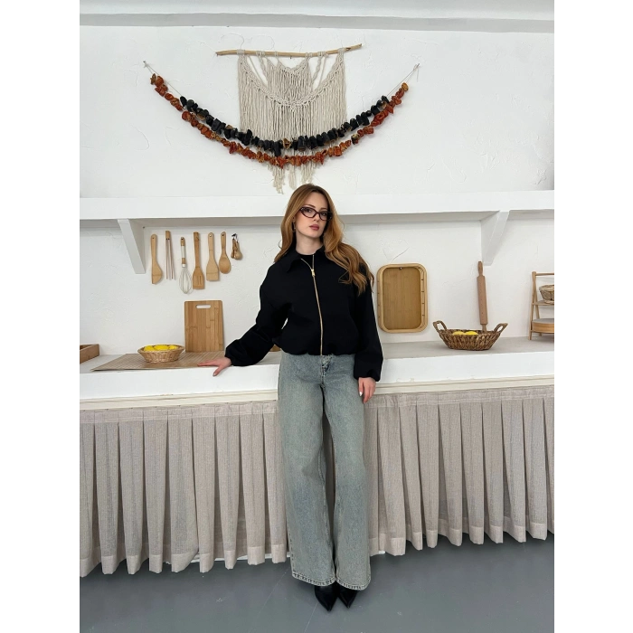 Fermuarlı Bomber Kaşe Ceket Siyah