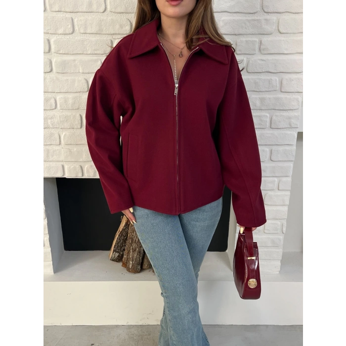 Fermuarlı Kaşe Kısa Ceket Bordo