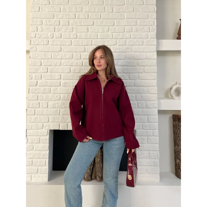 Fermuarlı Kaşe Kısa Ceket Bordo