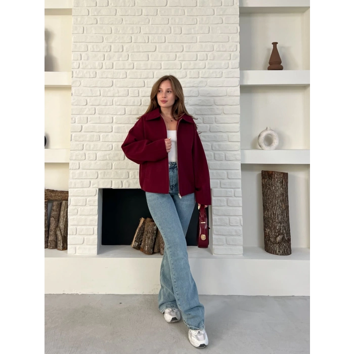 Fermuarlı Kaşe Kısa Ceket Bordo