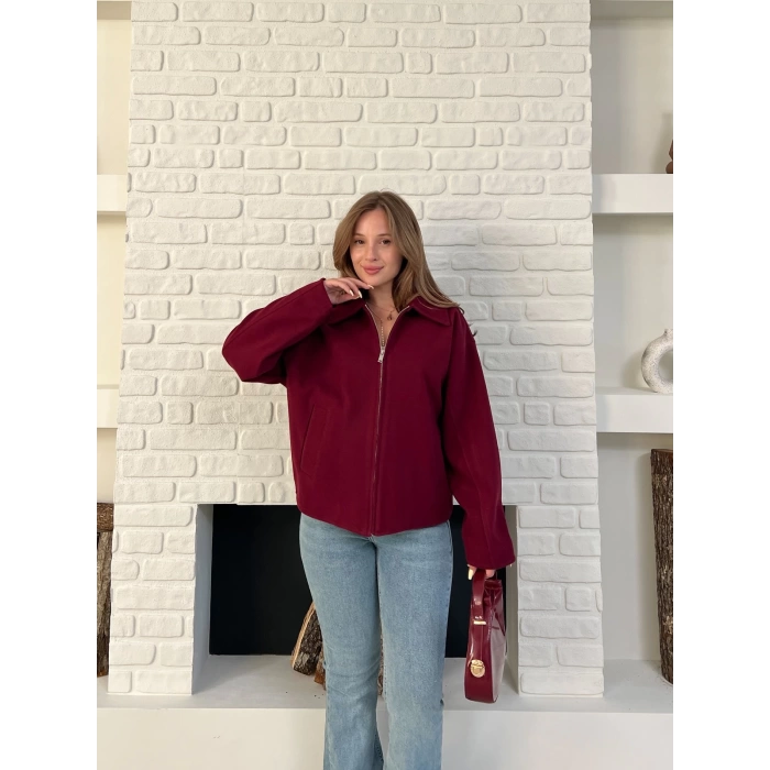 Fermuarlı Kaşe Kısa Ceket Bordo