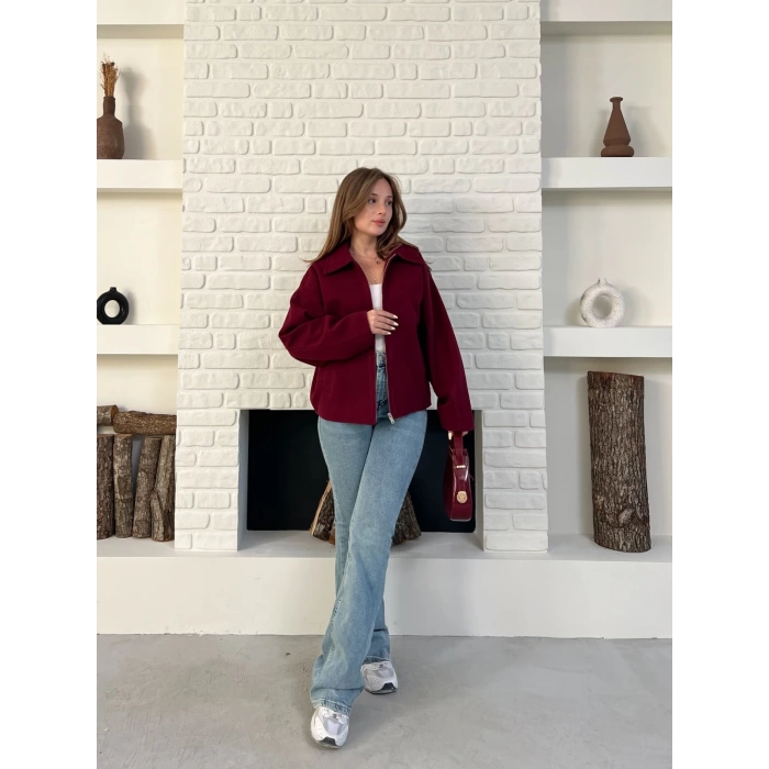 Fermuarlı Kaşe Kısa Ceket Bordo