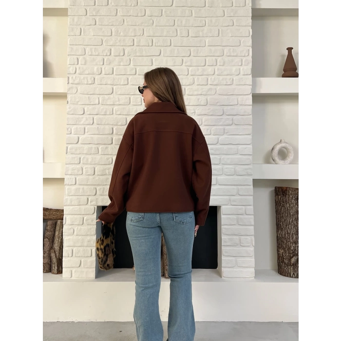 Fermuarlı Kaşe Kısa Ceket Kahverengi