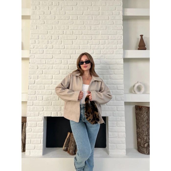 Fermuarlı Kaşe Kısa Ceket Krem
