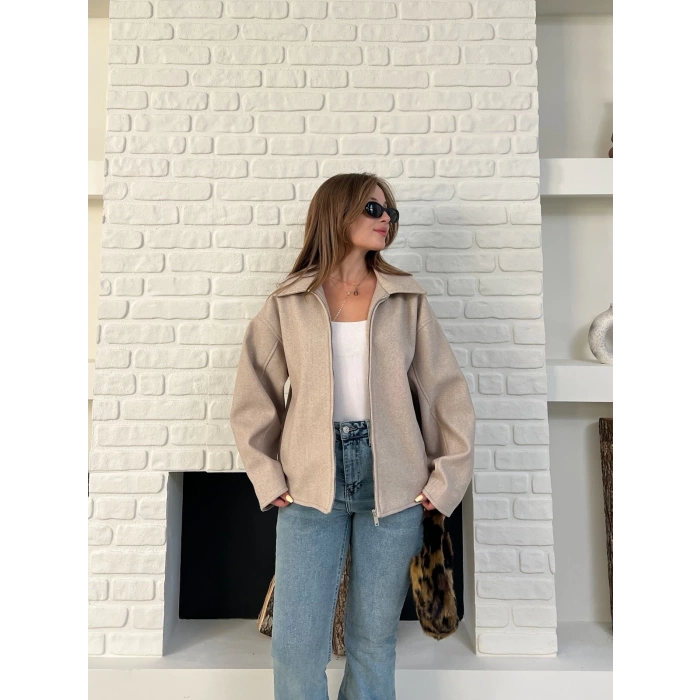 Fermuarlı Kaşe Kısa Ceket Krem