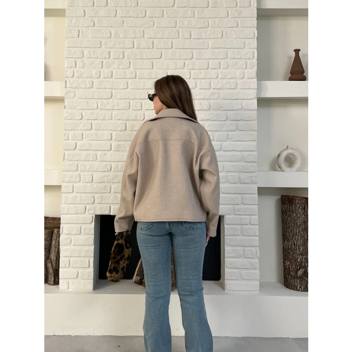 Fermuarlı Kaşe Kısa Ceket Krem