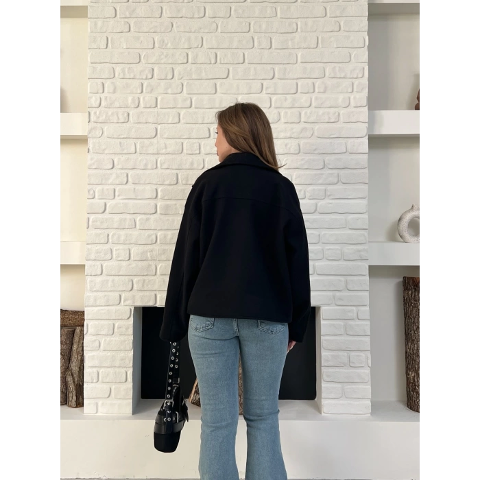 Fermuarlı Kaşe Kısa Ceket Siyah
