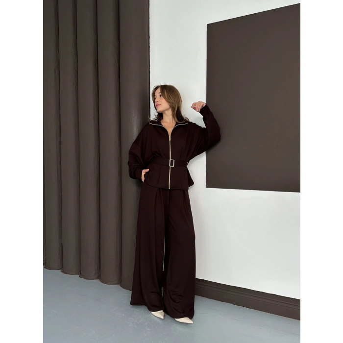 Fermuarlı Kemer Detaylı İkili Takım Acı Kahve