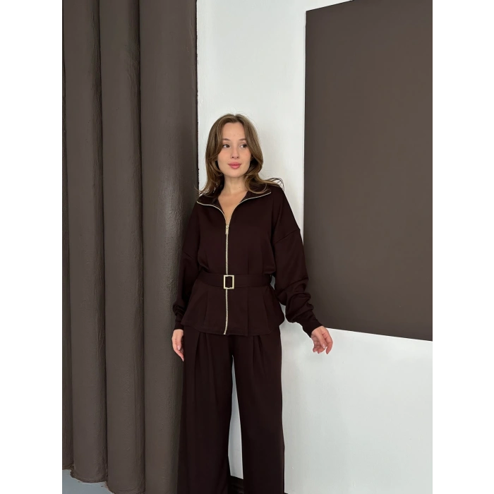 Fermuarlı Kemer Detaylı İkili Takım Acı Kahve