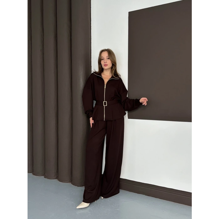 Fermuarlı Kemer Detaylı İkili Takım Acı Kahve