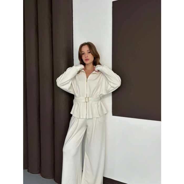 Fermuarlı Kemer Detaylı İkili Takım Beyaz