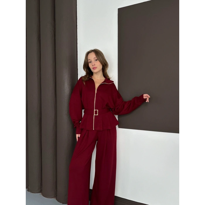 Fermuarlı Kemer Detaylı İkili Takım Bordo