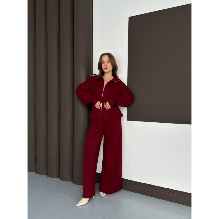 Fermuarlı Kemer Detaylı İkili Takım Bordo