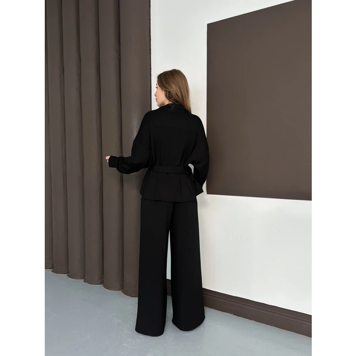 Fermuarlı Kemer Detaylı İkili Takım Siyah