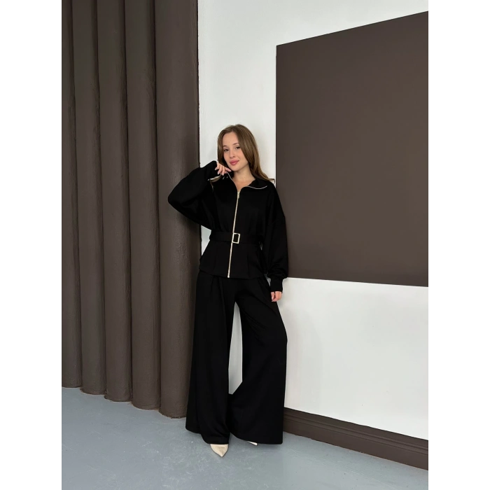 Fermuarlı Kemer Detaylı İkili Takım Siyah