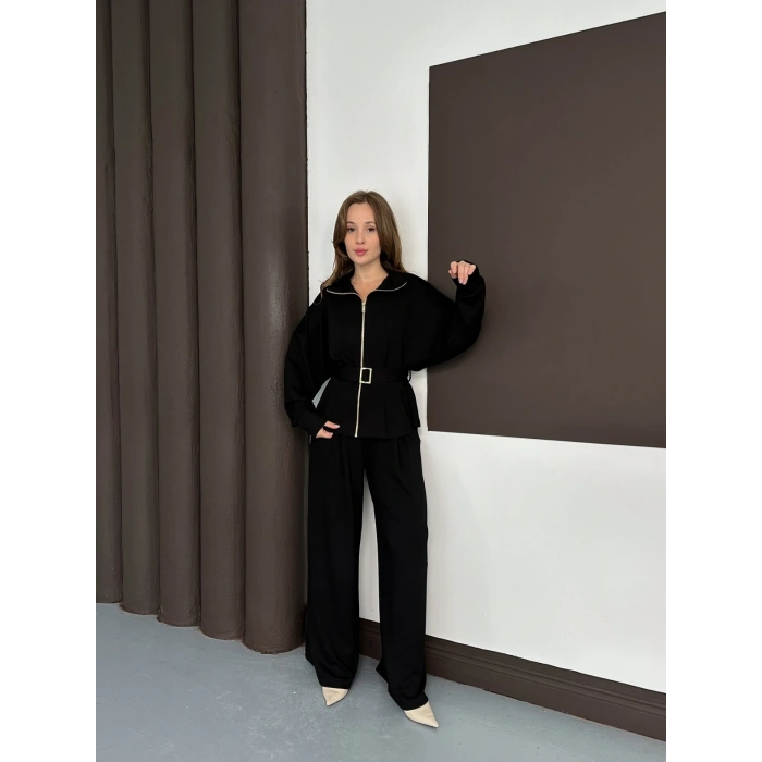 Fermuarlı Kemer Detaylı İkili Takım Siyah