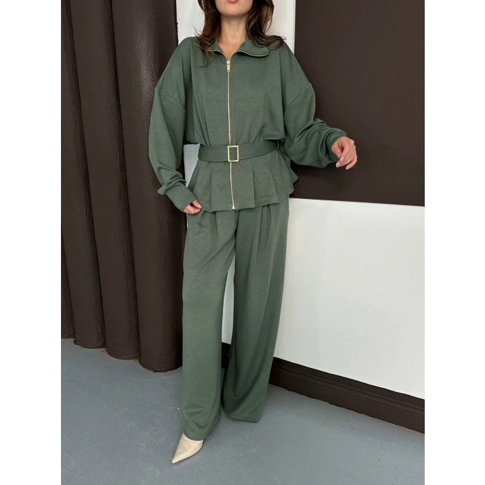 Fermuarlı Kemer Detaylı İkili Takım Yeşil