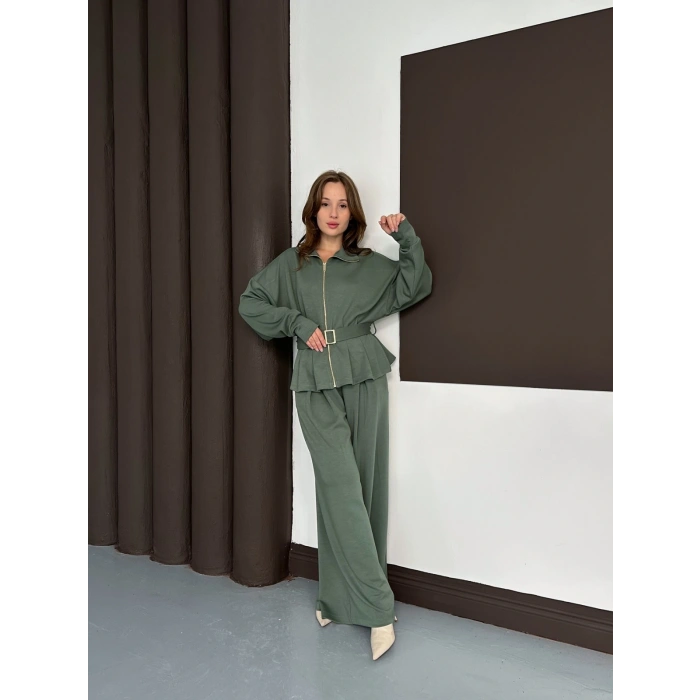 Fermuarlı Kemer Detaylı İkili Takım Yeşil