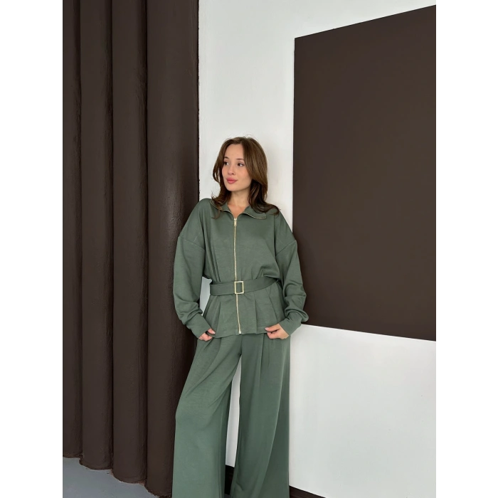 Fermuarlı Kemer Detaylı İkili Takım Yeşil