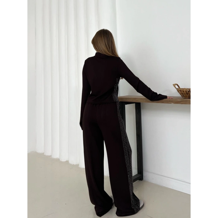 Fermuarlı Taş İşleme Detaylı Takım Acı Kahve