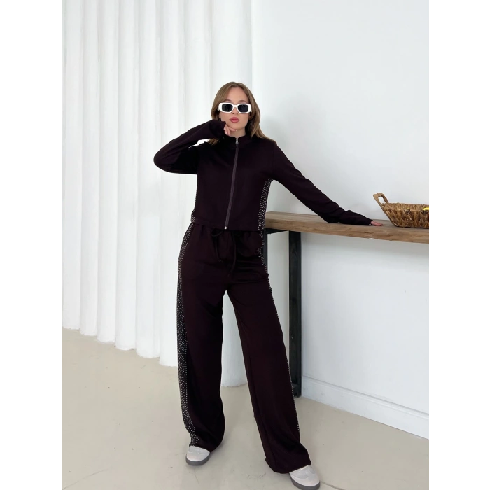 Fermuarlı Taş İşleme Detaylı Takım Acı Kahve