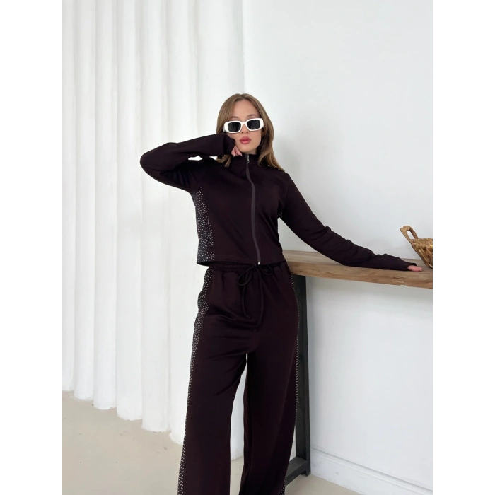 Fermuarlı Taş İşleme Detaylı Takım Acı Kahve