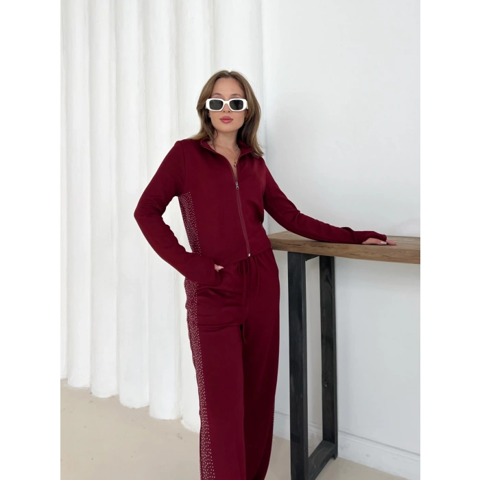 Fermuarlı Taş İşleme Detaylı Takım Bordo