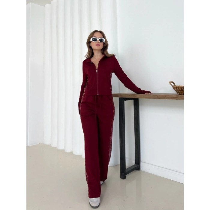 Fermuarlı Taş İşleme Detaylı Takım Bordo