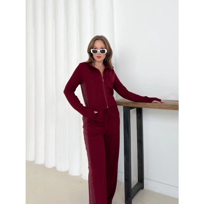 Fermuarlı Taş İşleme Detaylı Takım Bordo