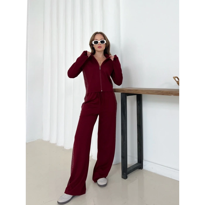 Fermuarlı Taş İşleme Detaylı Takım Bordo